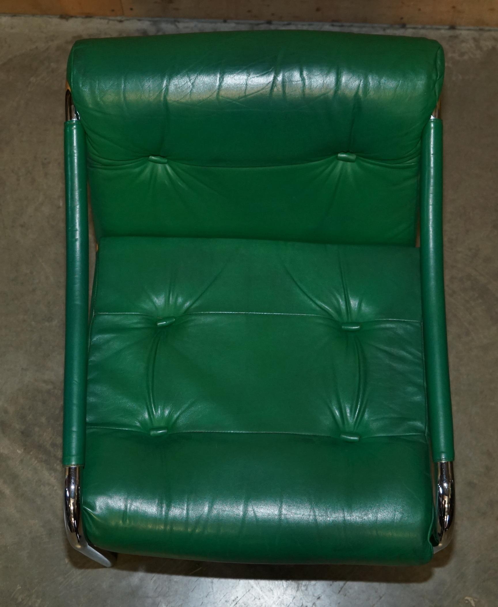 Hand-Crafted MID CENTURY MODERN GREEN LEATHER PAIR OF TIM BATES BETA ARMCHAiRS BY PIEFF