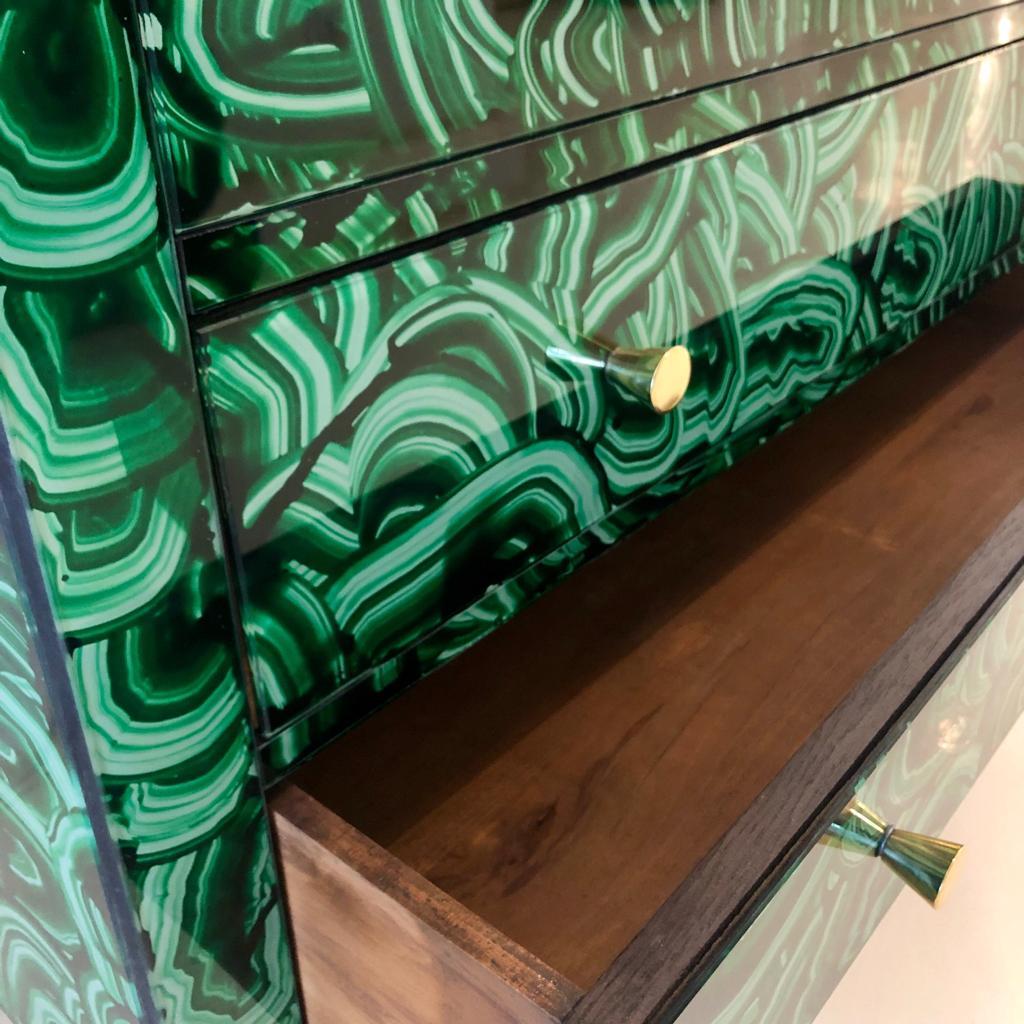 Mid-Century Modern Style Green-Malachite Colored Glass Italian Chest of Drawers For Sale 5