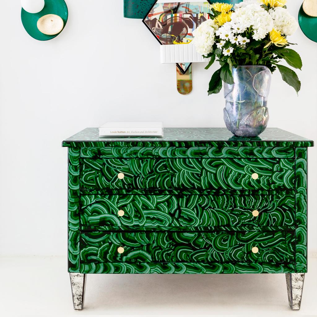 Mid-Century Modern Style Green-Malachite Colored Glass Italian Chest of Drawers For Sale 8