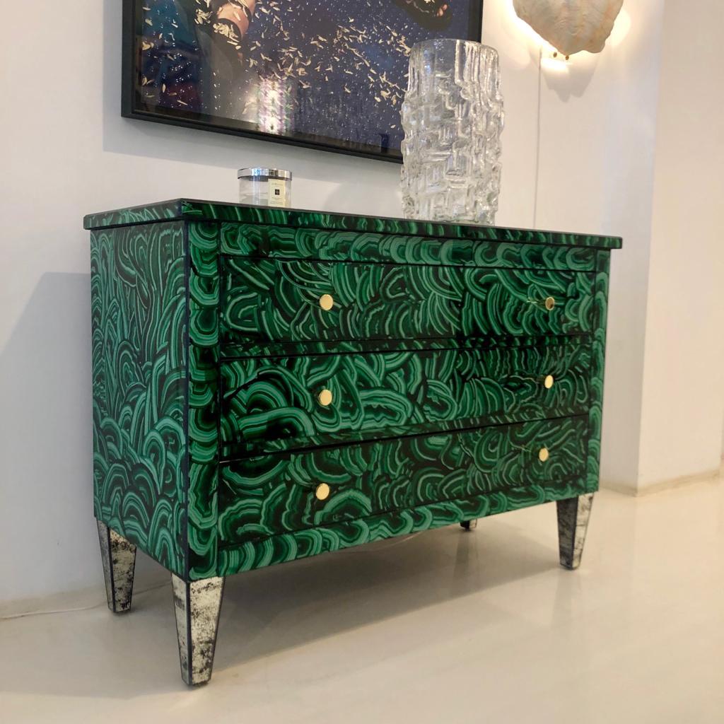 Mid-Century Modern Style Green-Malachite Colored Glass Italian Chest of Drawers For Sale 2