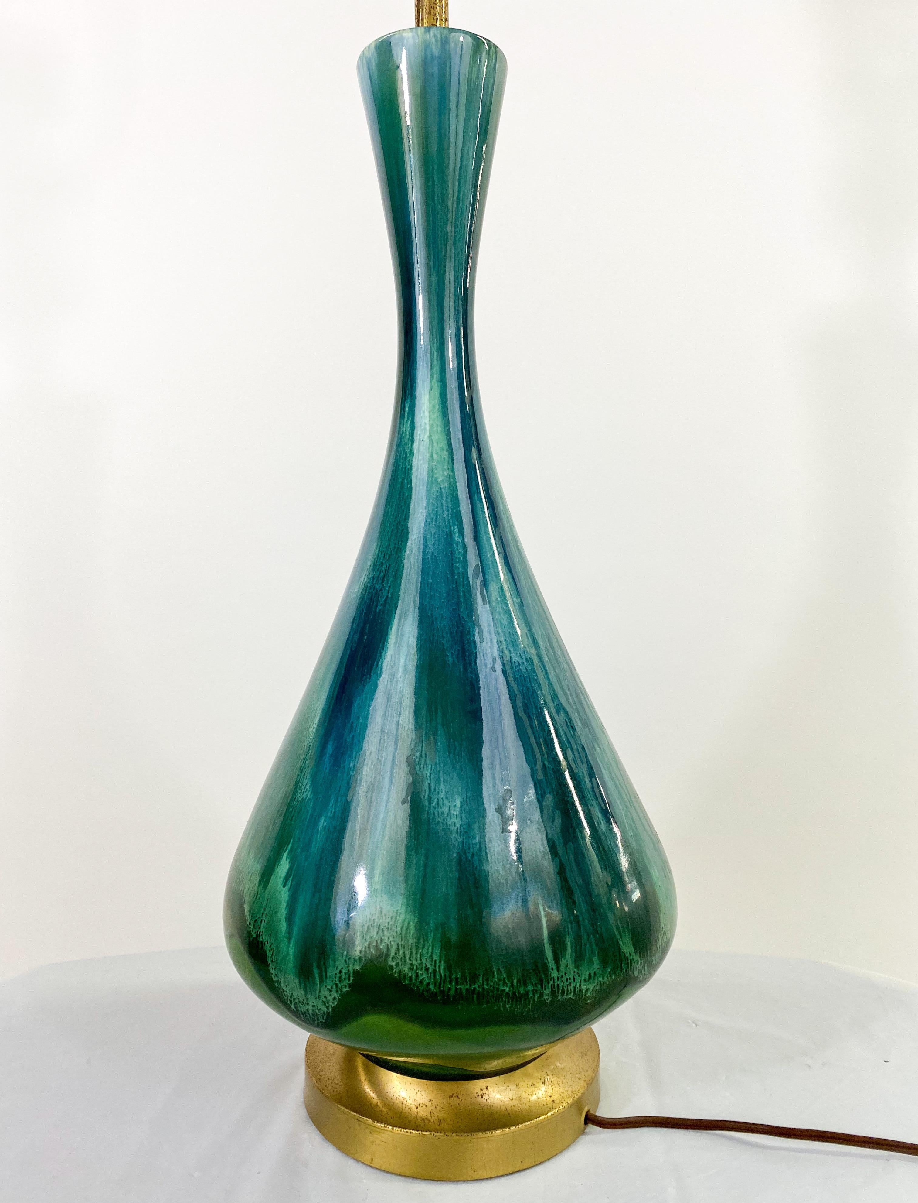 Brass Mid-Century Modern Green Malachite Table Lamp For Sale