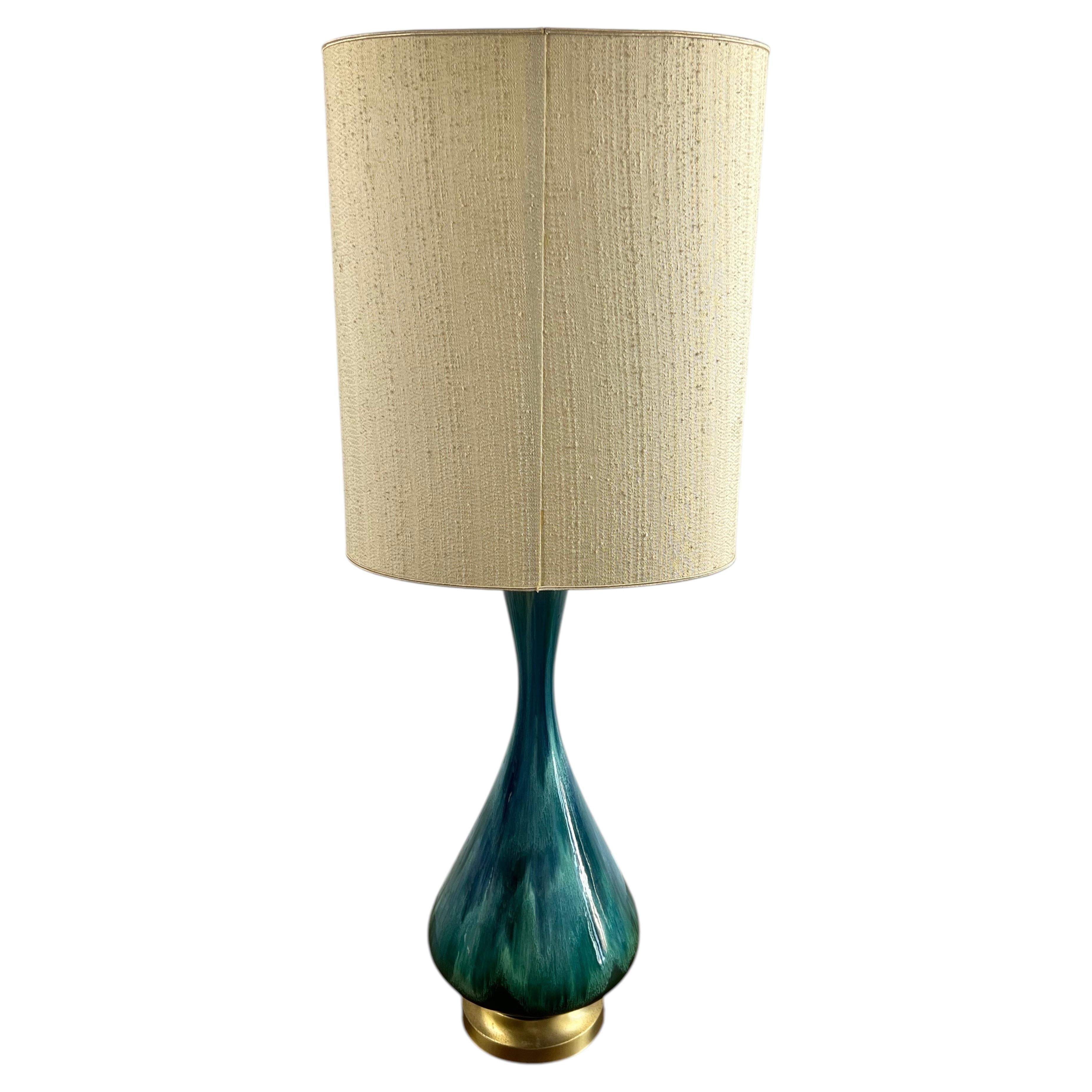 Mid-Century Modern Green Malachite Teardrop Design Table Lamp w Custom Shade