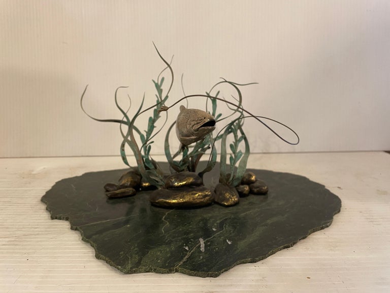 MidCentury Modern Green Marble and Bronze Fish Sculpture For Sale at
