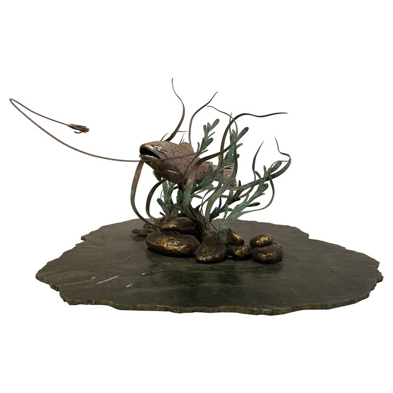 MidCentury Modern Green Marble and Bronze Fish Sculpture For Sale at