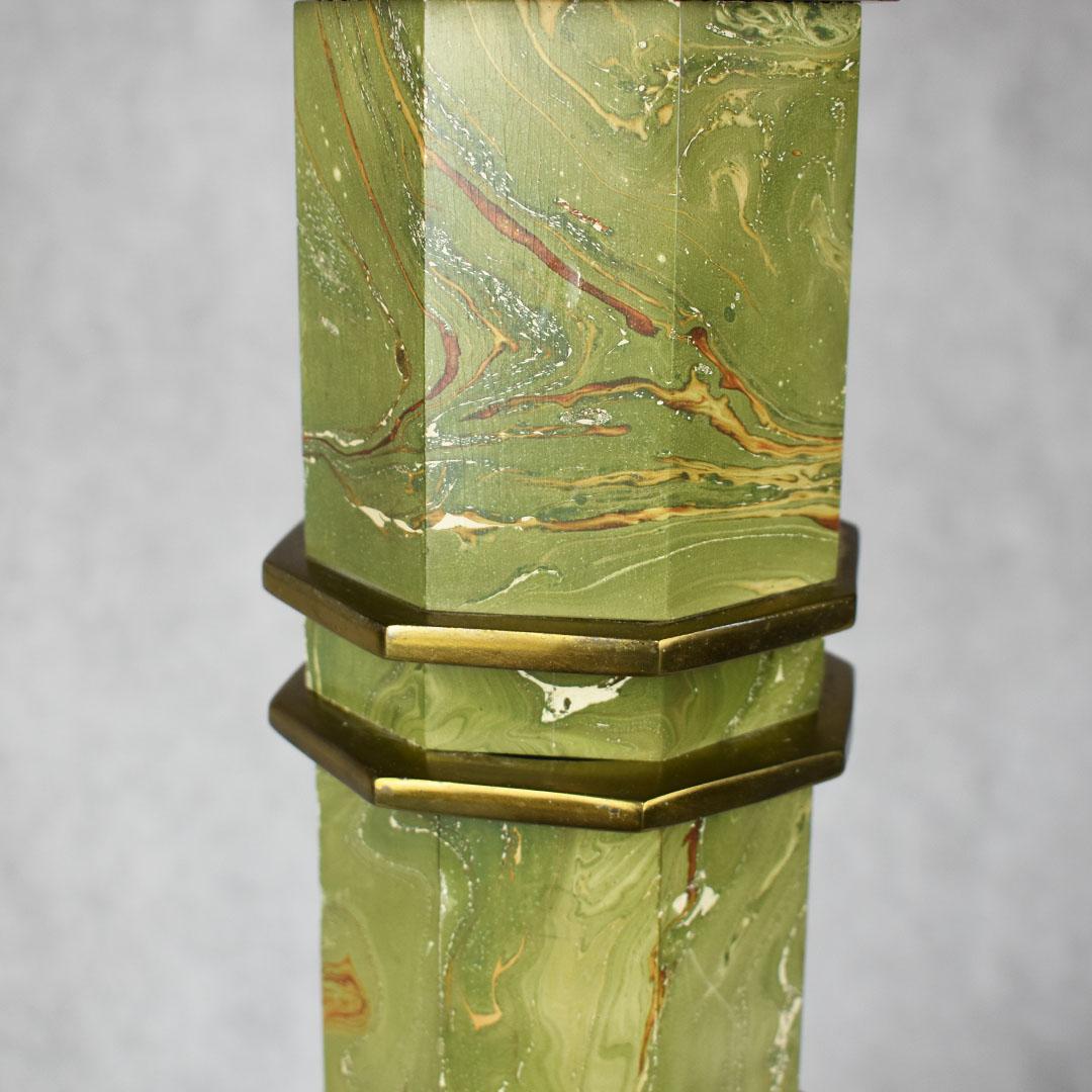 Wood Mid-Century Modern Green Marbled Malachite Look Brass Pagoda Lamp