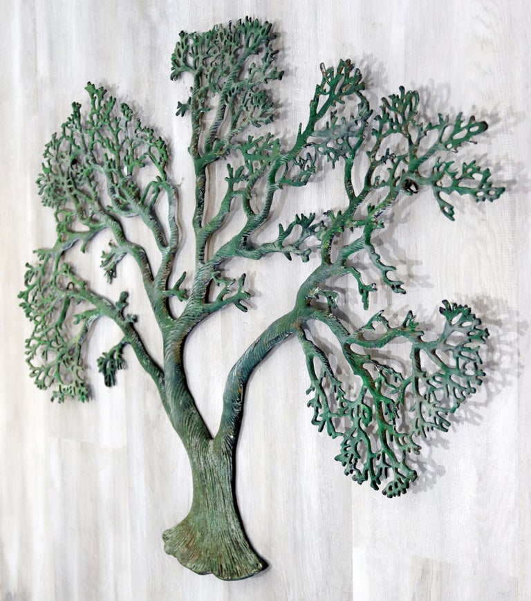 Mid-Century Modern Green Metal Tree of Life Wall Sculpture Relief For Sale 1