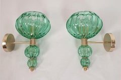 Mid-Century Modern Green Murano Glass Sconces, Barovier Style, a Pair