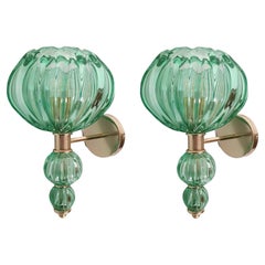 Mid-Century Modern Green Murano Glass Sconces, Barovier Style, a Pair
