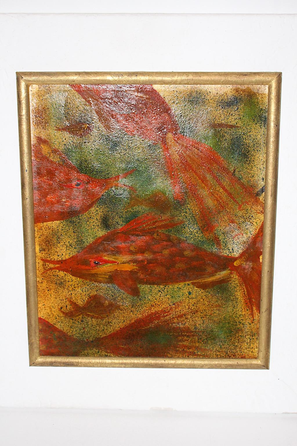 Mid-Century Modern vintage painting animal motif fishes by Robert Libeski 1946 Vienna.
An amazing painting with a motif looks like the painter was situated in the middle of a sea surrounded from fishes and sunbeams.
This painting shows wonderful