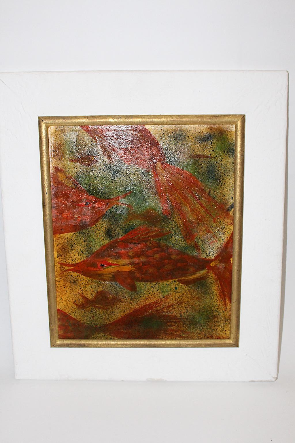 Mid-20th Century Mid-Century Modern Green Orange Painting Motif Fish Robert Libeski 1946 Vienna For Sale