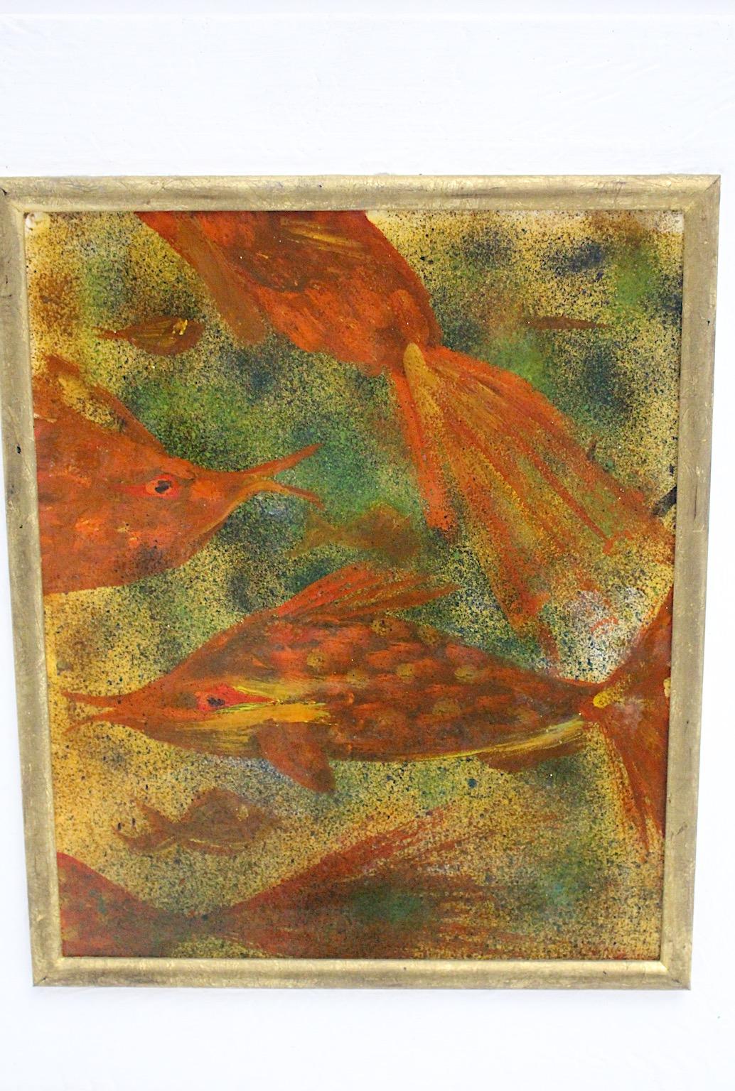 Mid Century Modern Grün Orange Malerei Motiv Fisch Robert Libeski 1946 Wien (Farbe) im Angebot