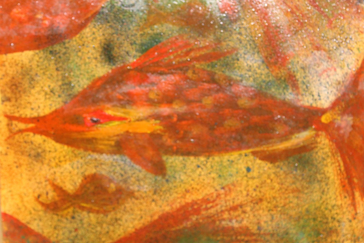 Mid Century Modern Grün Orange Malerei Motiv Fisch Robert Libeski 1946 Wien im Angebot 1