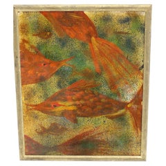 Vintage Mid-Century Modern Green Orange Painting Motif Fish Robert Libeski 1946 Vienna