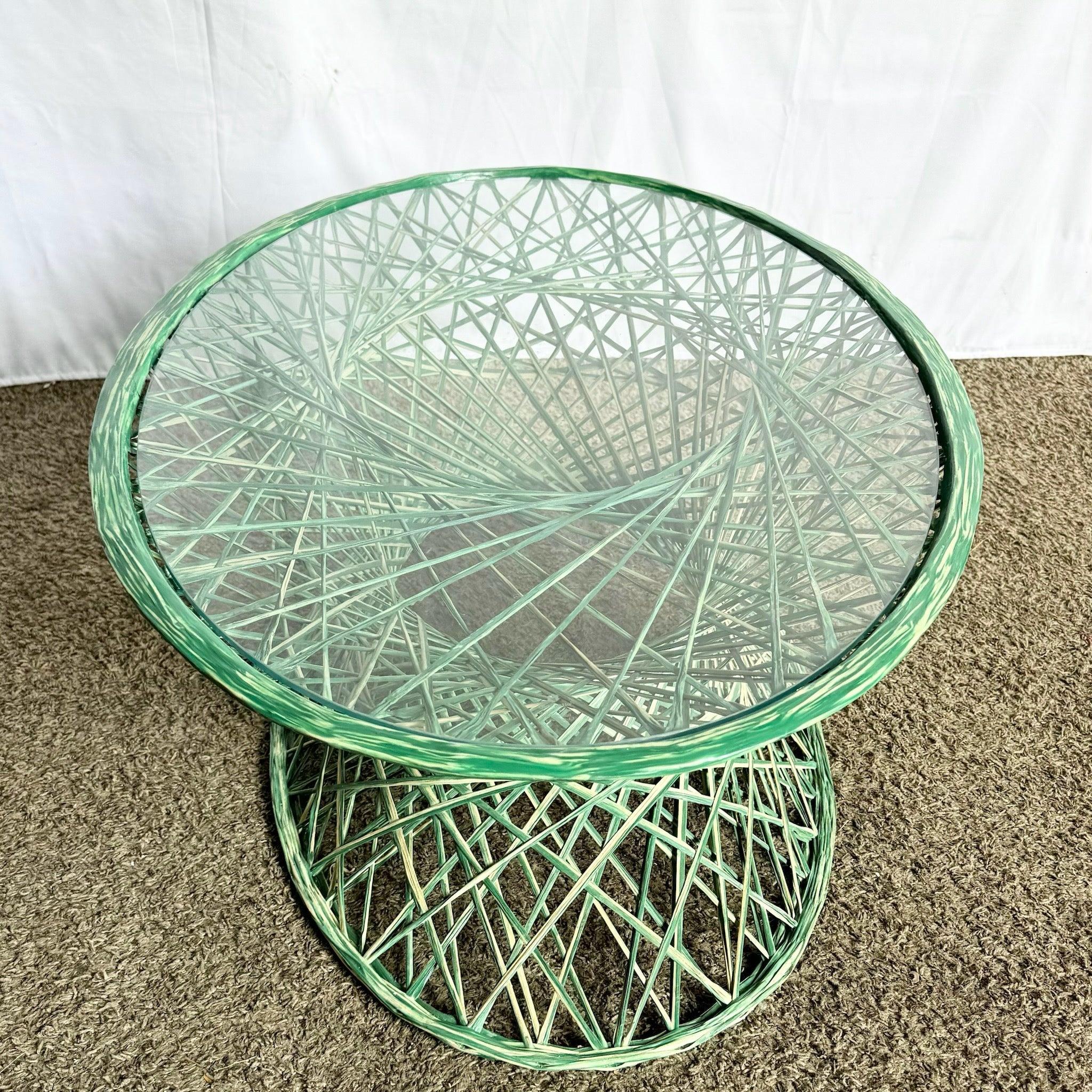 American Mid Century Modern Green Oval Spun Fiberglass Glass Top Coffee Table For Sale