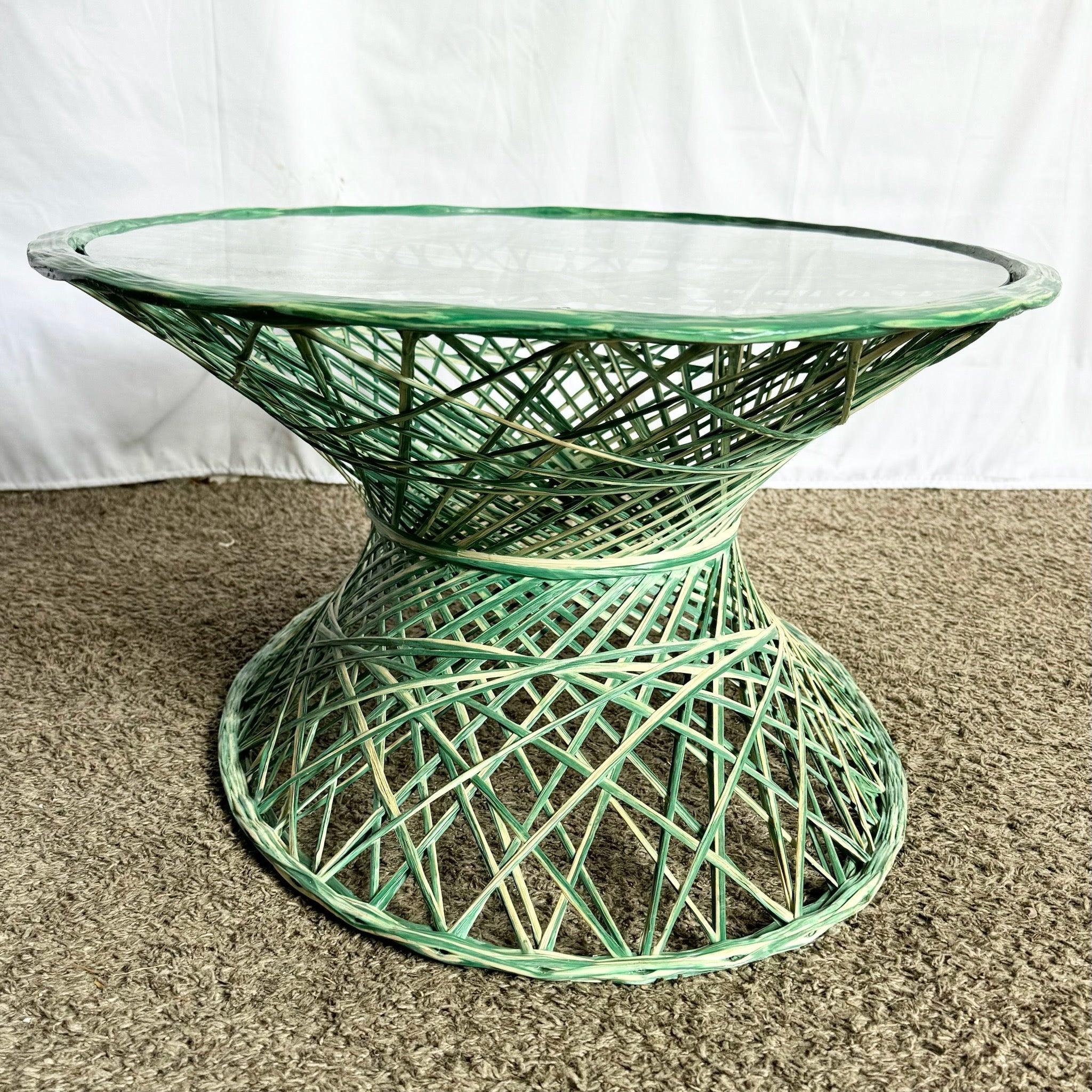 Late 20th Century Mid Century Modern Green Oval Spun Fiberglass Glass Top Coffee Table For Sale