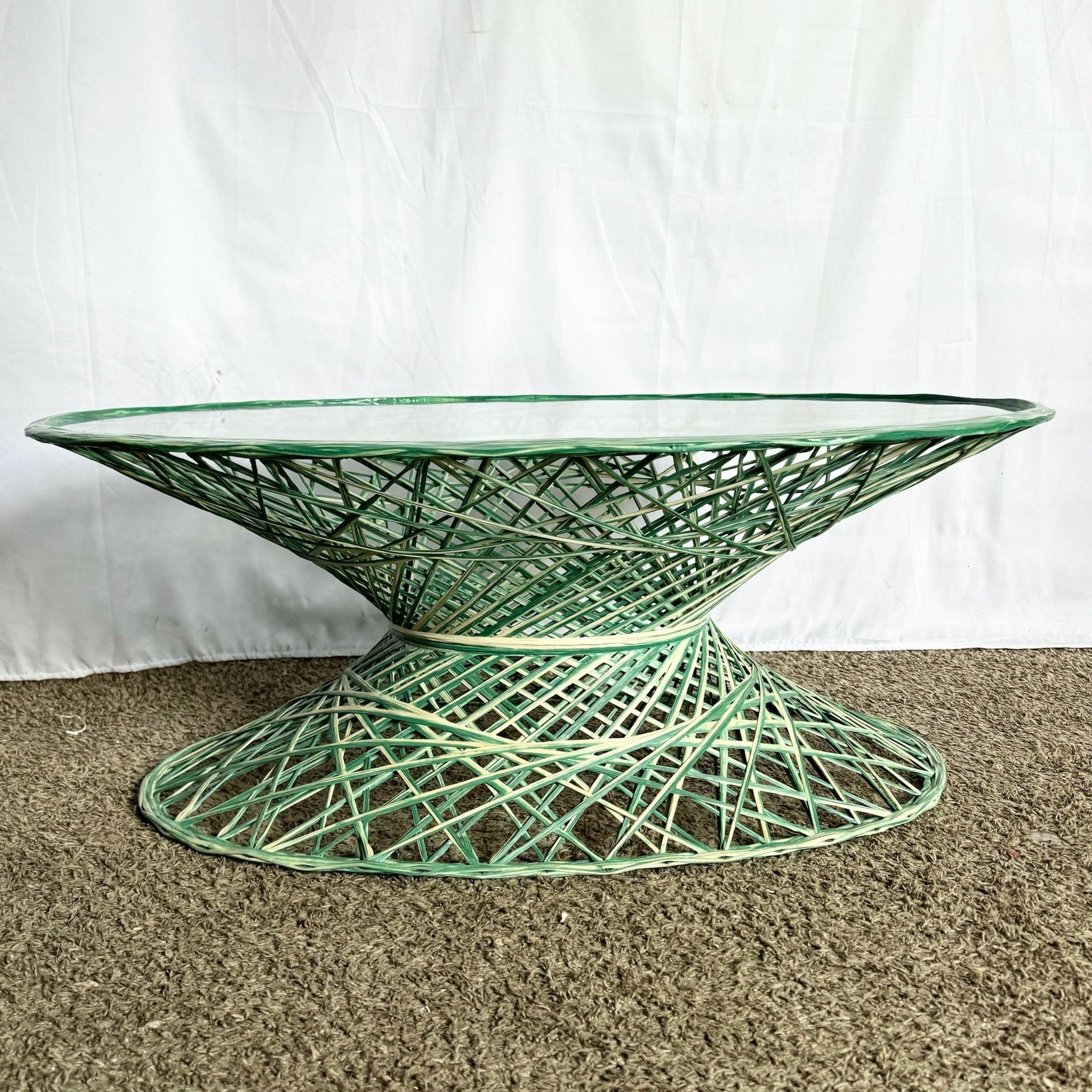 Mid Century Modern Green Oval Spun Fiberglass Glass Top Coffee Table For Sale 1