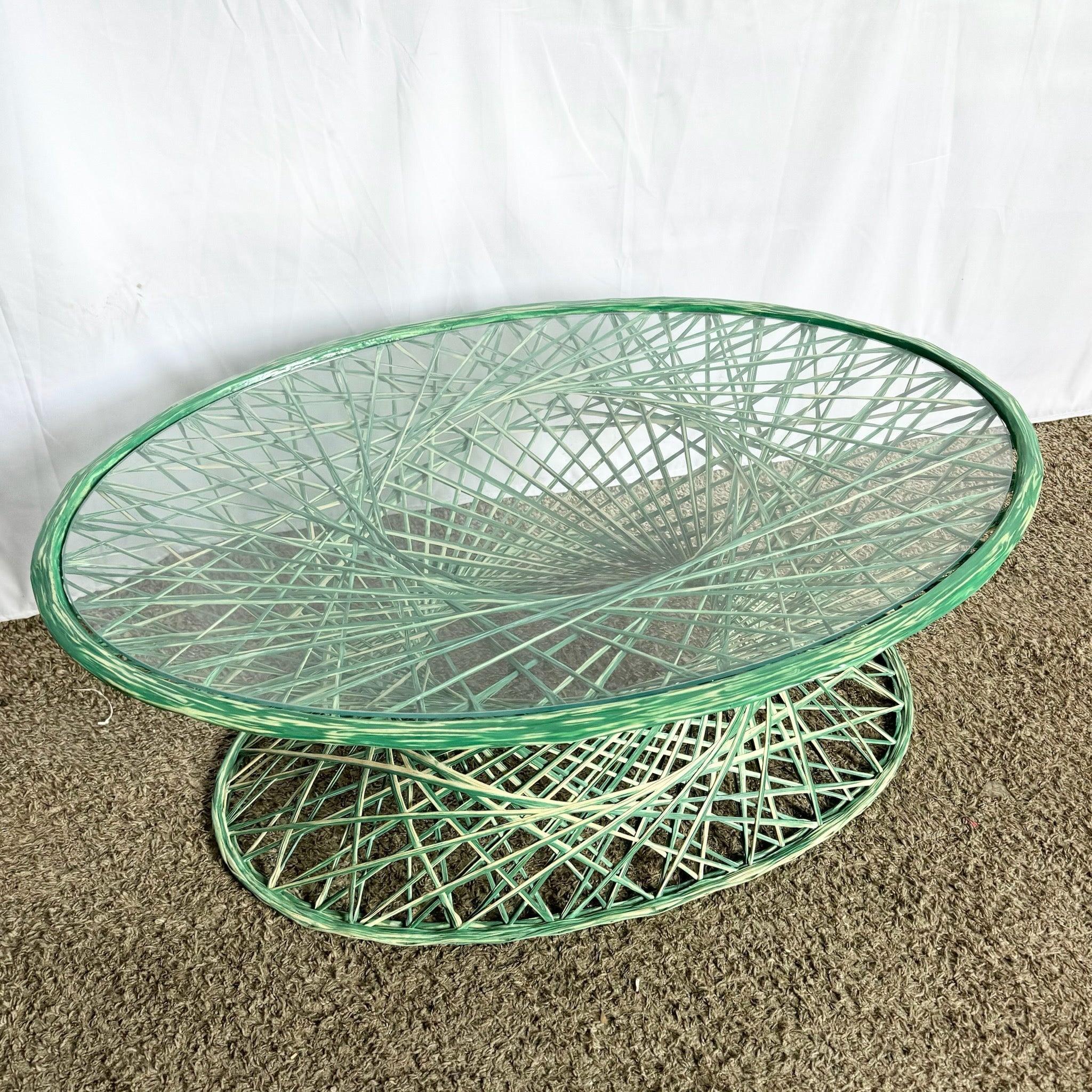 Mid Century Modern Green Oval Spun Fiberglass Glass Top Coffee Table For Sale 2