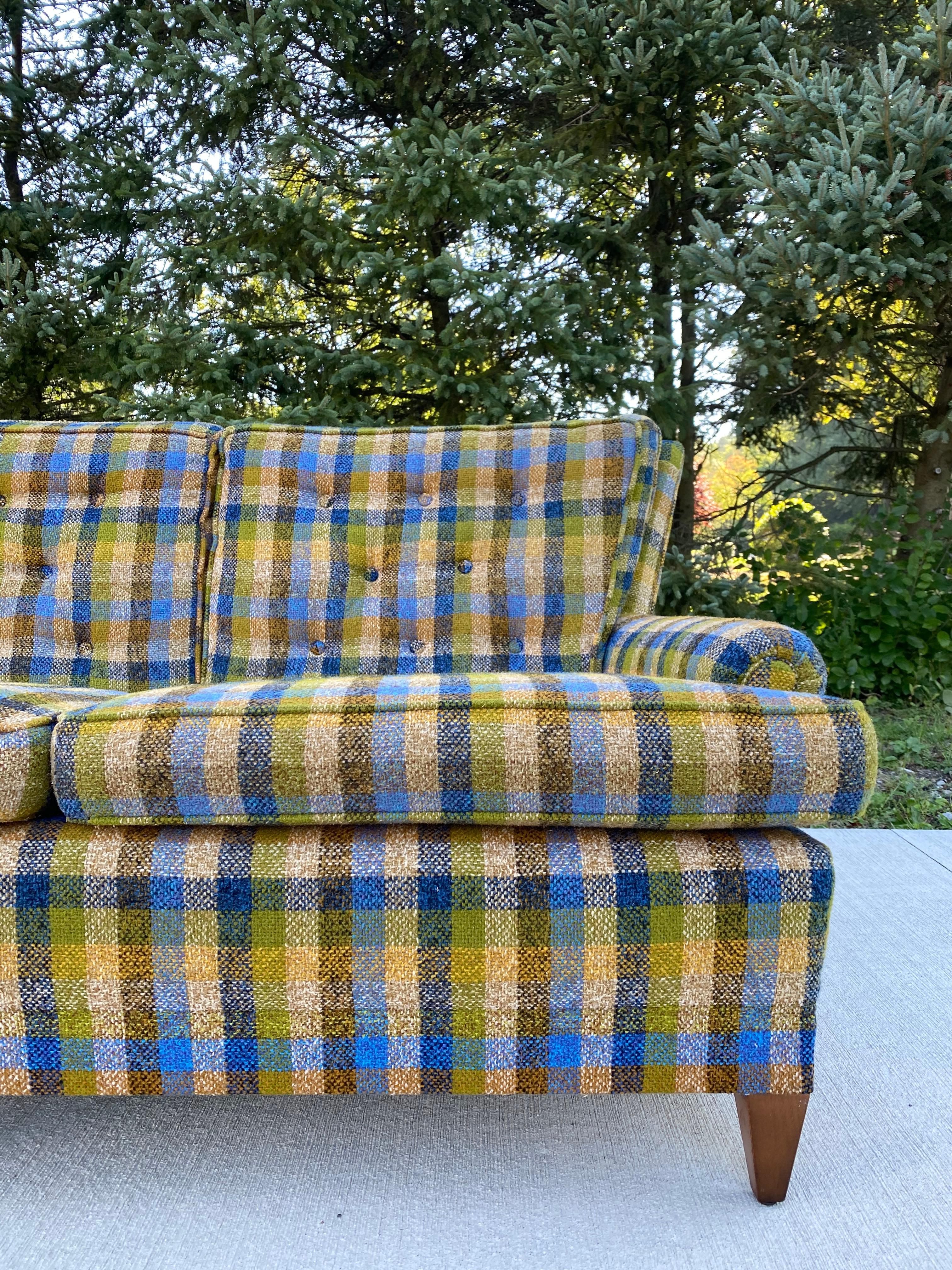 Late 20th Century Mid-Century Modern Green Plaid 3-Seater Sofa