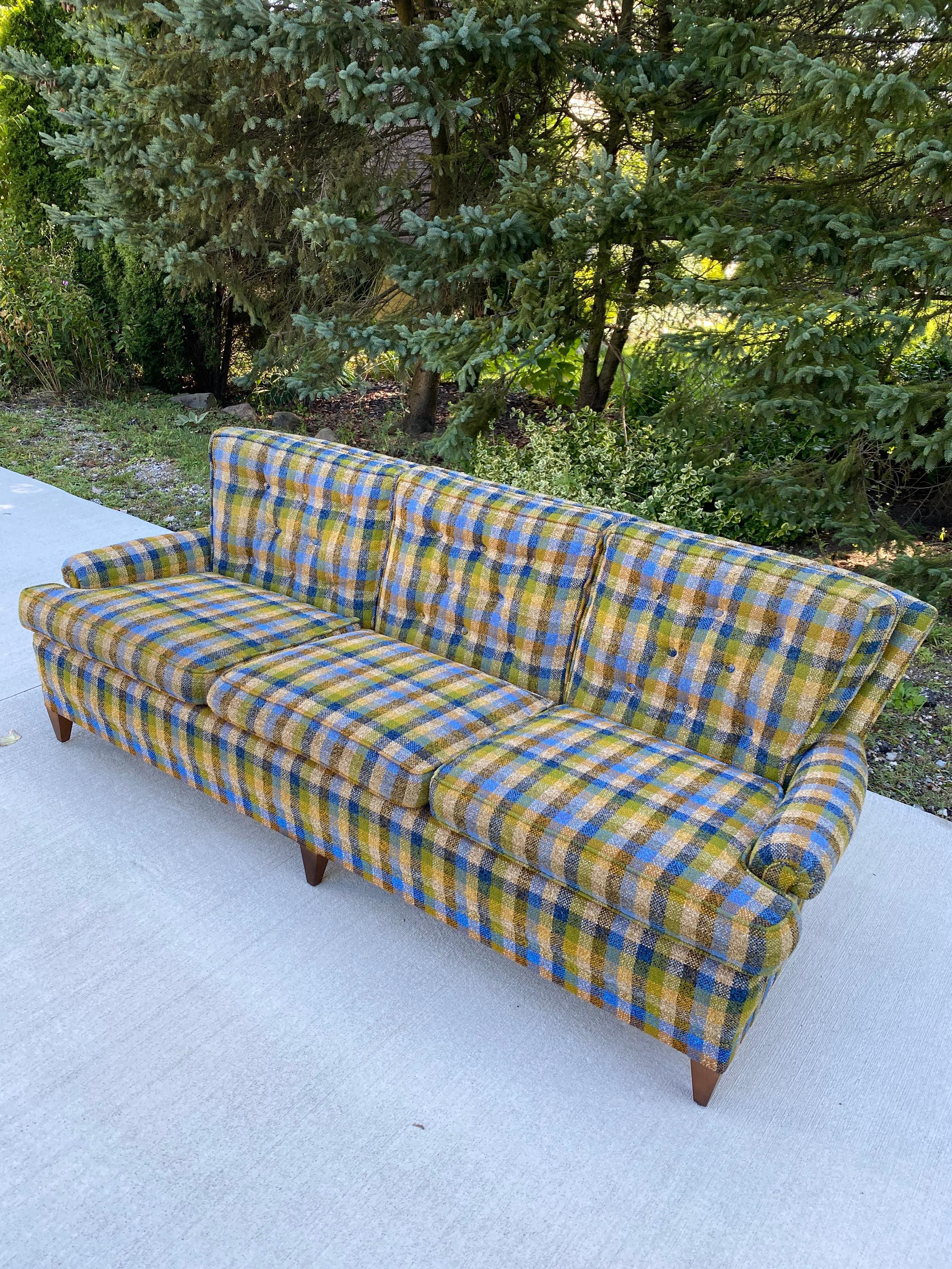 Fabric Mid-Century Modern Green Plaid 3-Seater Sofa