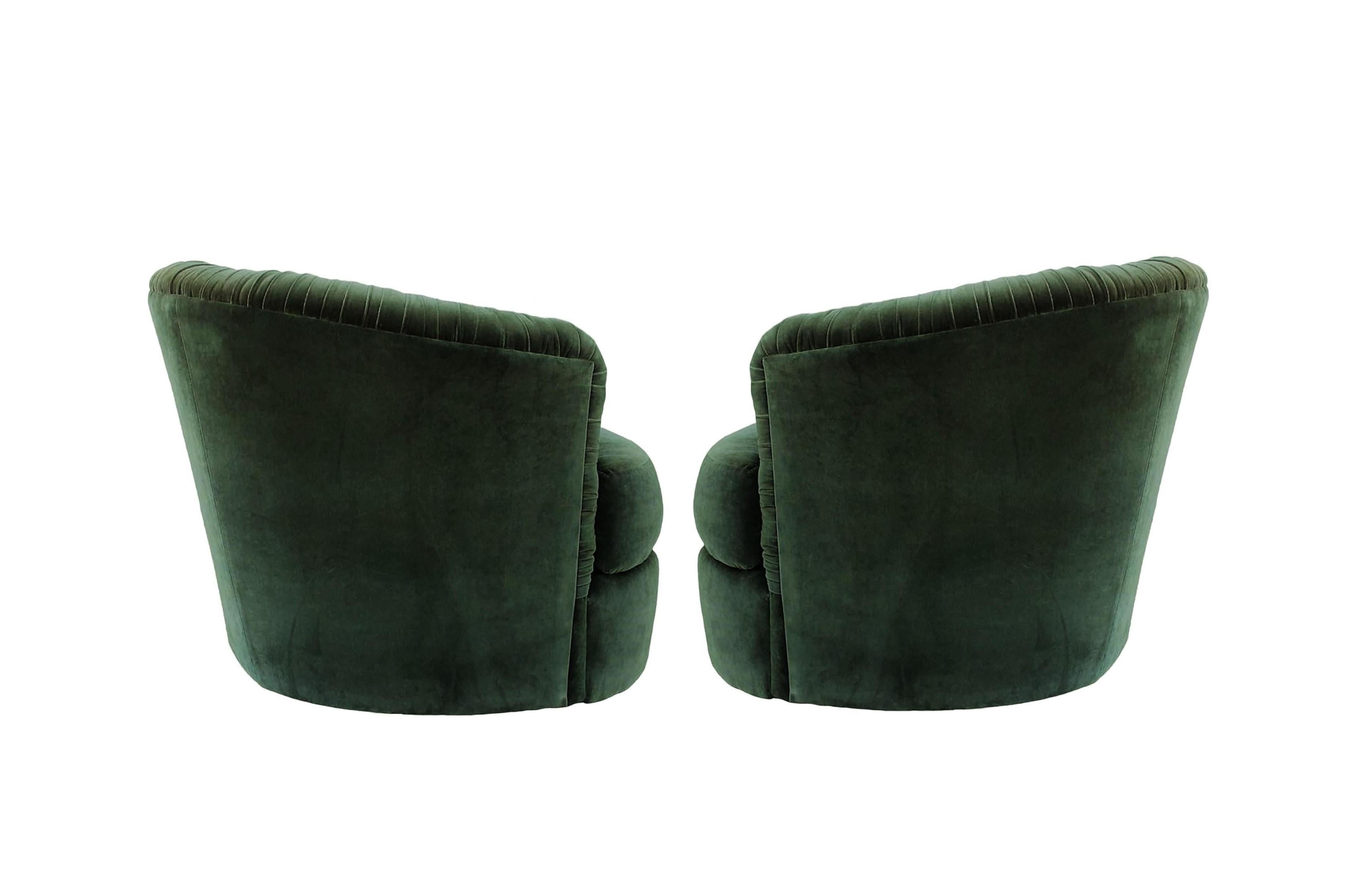 American Mid-Century Modern Green Ruched Barrel Back Swivel Chairs, Pair For Sale