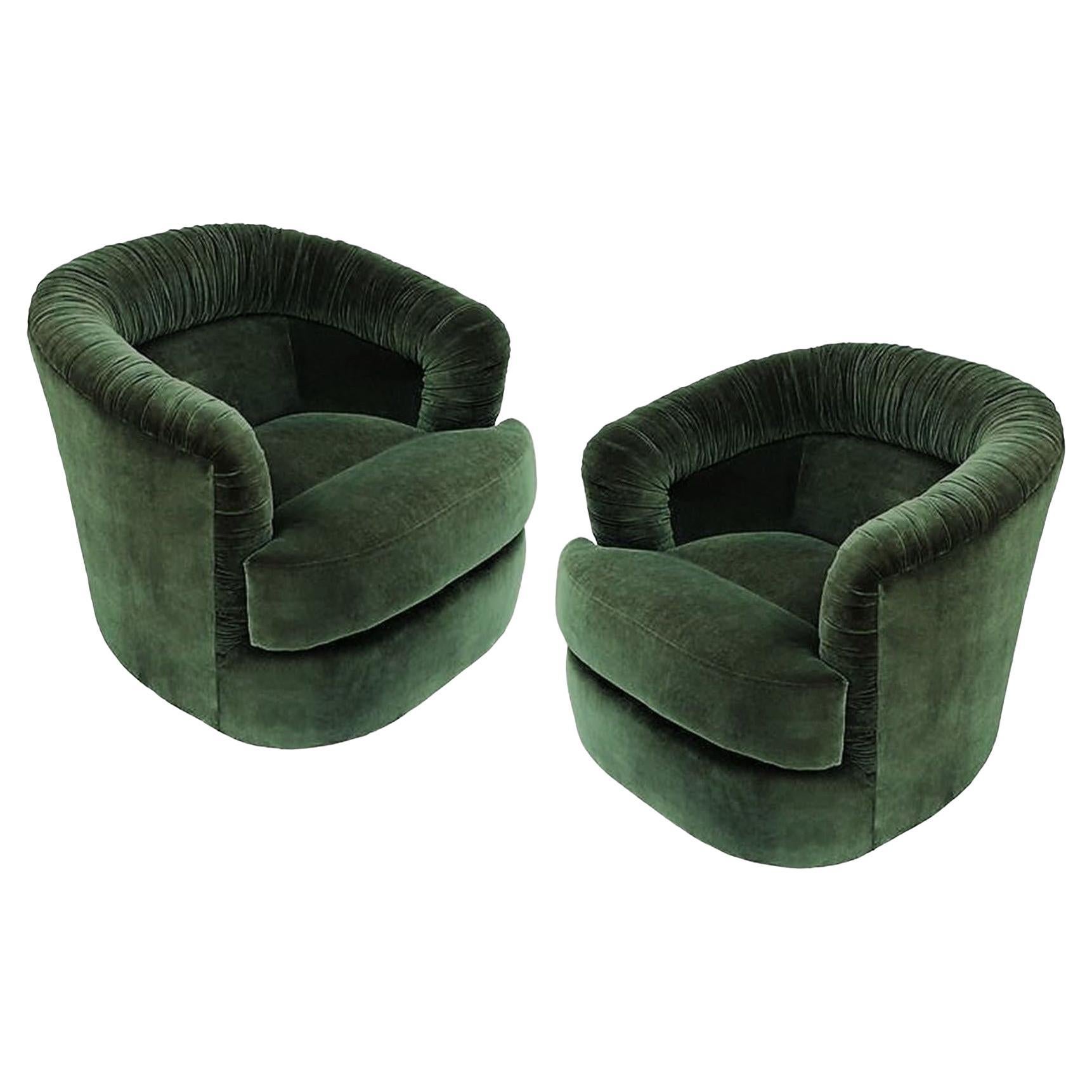 Mid-Century Modern Green Ruched Barrel Back Swivel Chairs, Pair For Sale