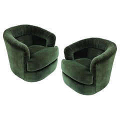 Vintage Mid-Century Modern Green Ruched Barrel Back Swivel Chairs, Pair