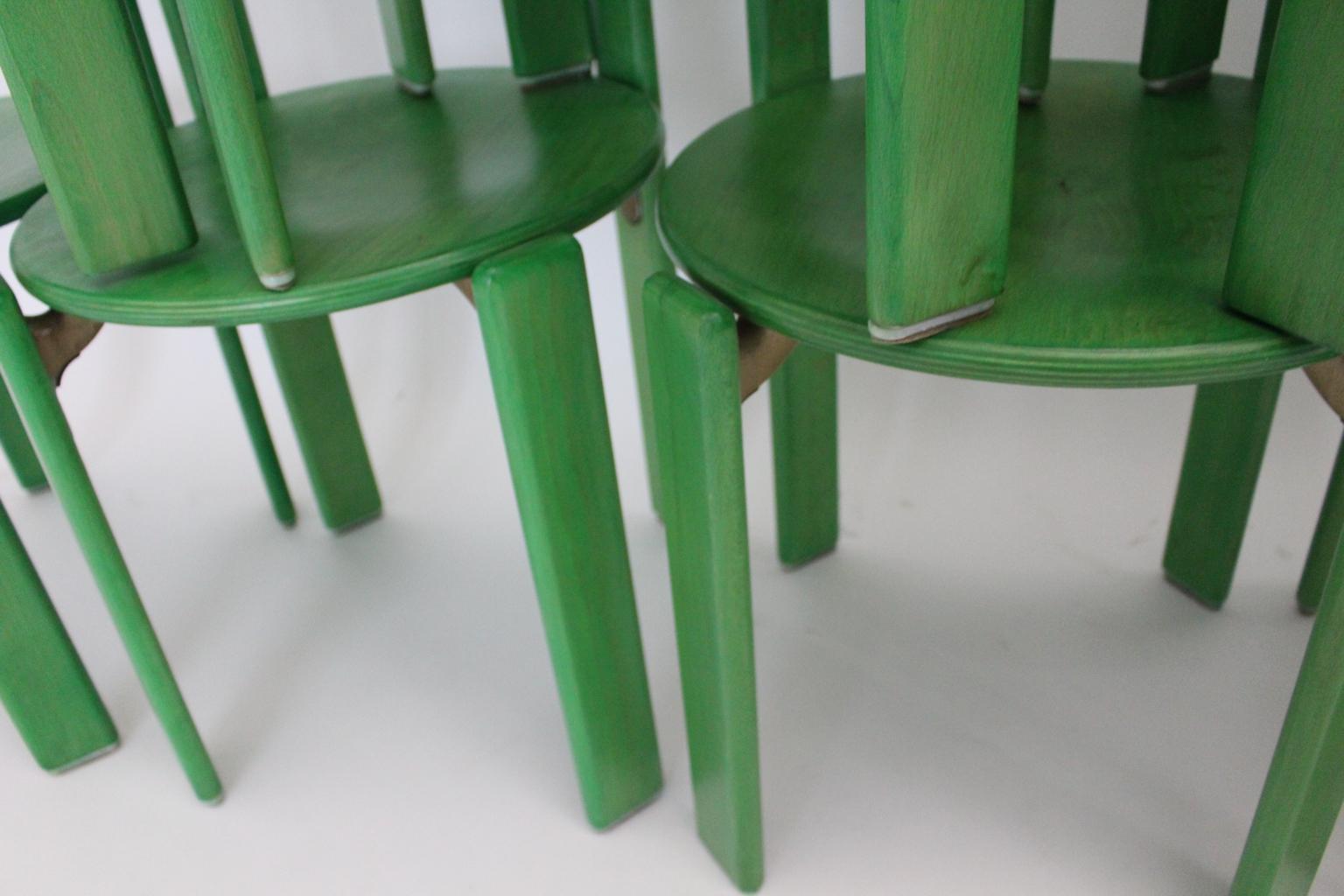 Aluminum Mid Century Modern Green Set of Six Vintage Dining Chairs by Bruno Rey