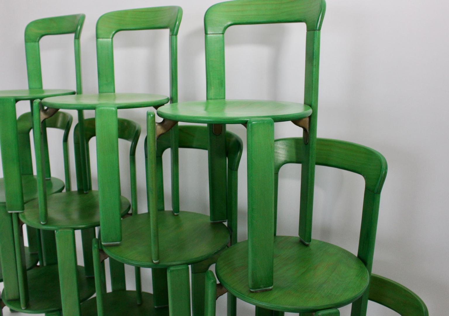 Mid Century Modern Green Set of Six Vintage Dining Chairs by Bruno Rey 1