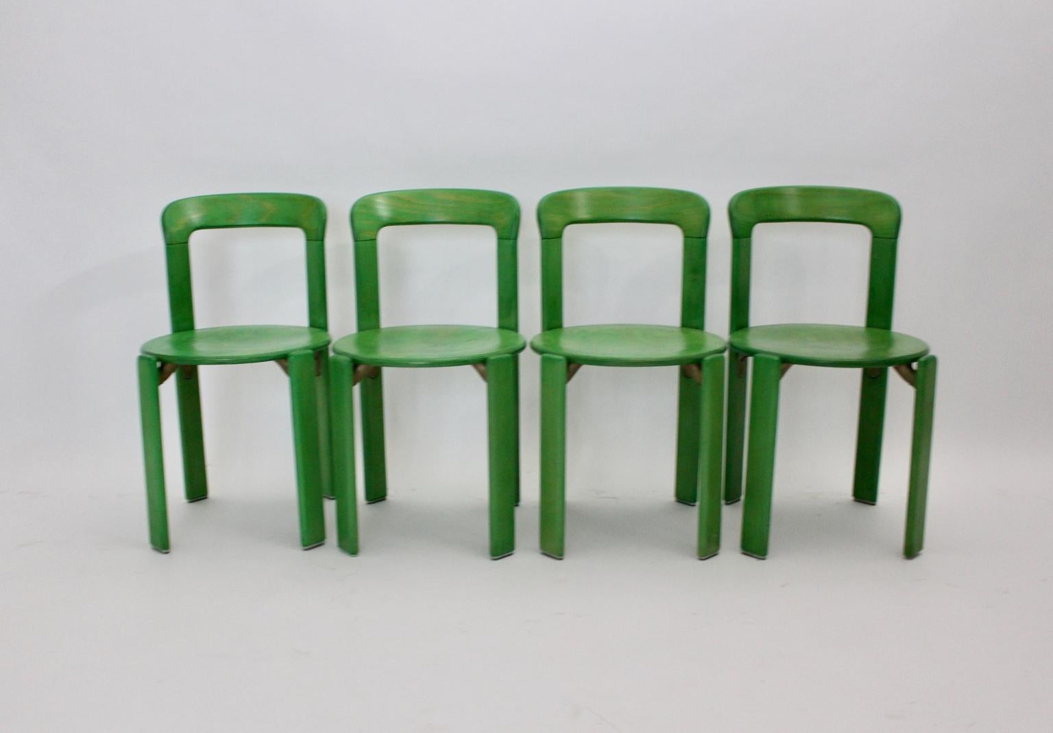 Mid Century Modern Green Set of Six Vintage Dining Chairs by Bruno Rey 2