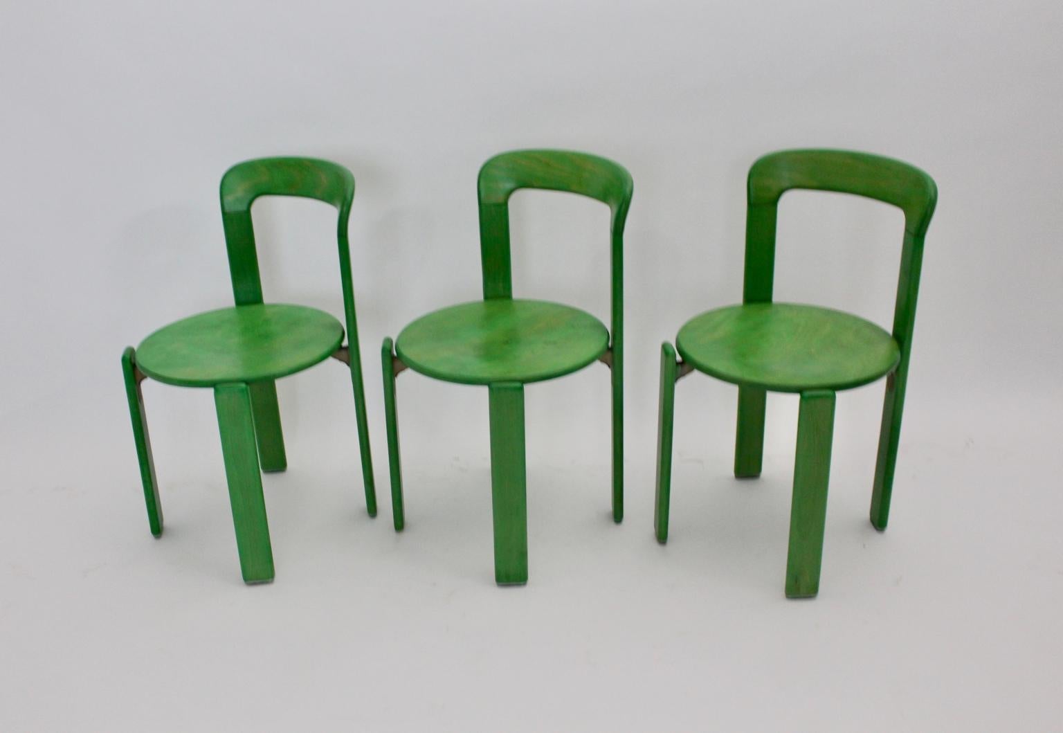 Mid Century Modern Green Set of Six Vintage Dining Chairs by Bruno Rey 3