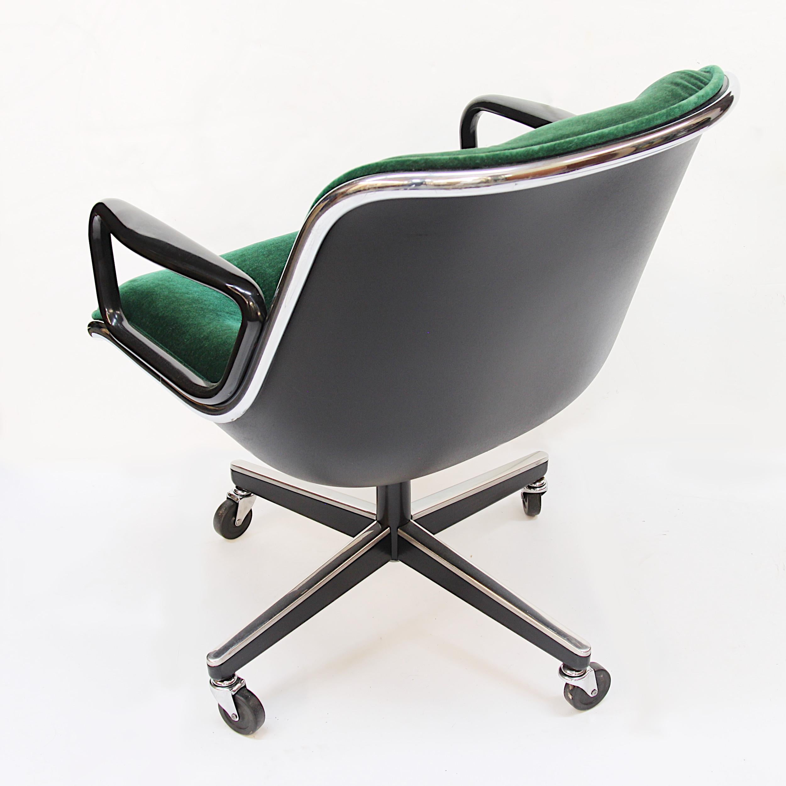 This is an exceptional original example of the iconic Pollock desk chair finished in a rare, emerald green velour. That fantastic green velour will beautifully set off your midcentury desk and sit just as beautifully... This thing is comfy!