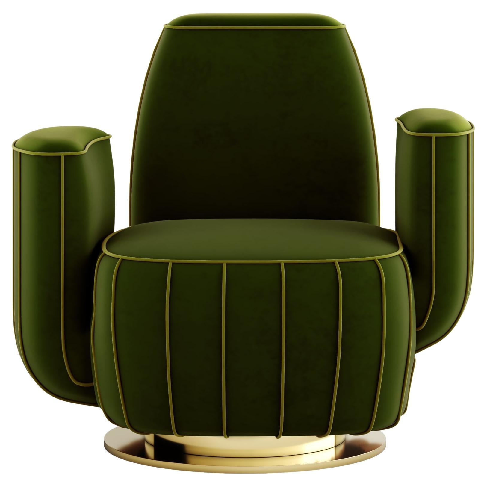 Modern Green Velvet Armchair Cactus Shape with Gold Swivel Base