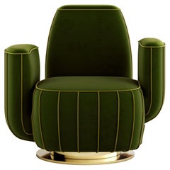 Vintage Modern Green Velvet Armchair Cactus Shape with Gold Swivel Base