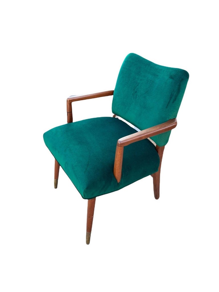 MidCentury Modern Green Velvet Chair with Wood Base at 1stDibs