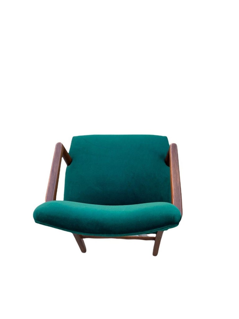 MidCentury Modern Green Velvet Chair with Wood Base at 1stDibs