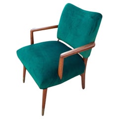 Vintage Mid-Century Modern Green Velvet Chair with Wood Base