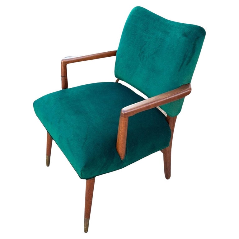 MidCentury Modern Green Velvet Chair with Wood Base at 1stDibs