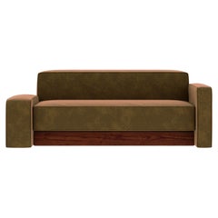 Mid-Century Modern Green Velvet Sofa, Geometric Shape Asymmetric Armrest