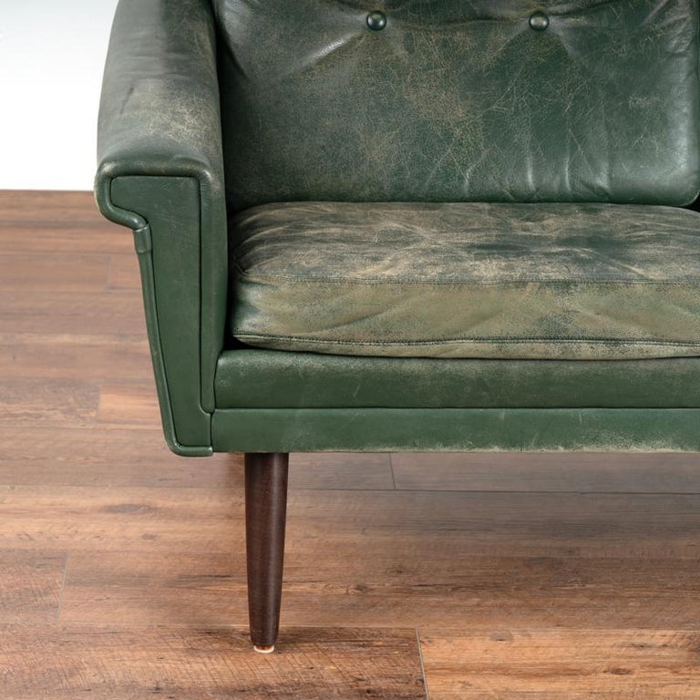 MidCentury Modern Green Vintage Leather Three Seat Sofa and Arm Chair from Denm at 1stDibs