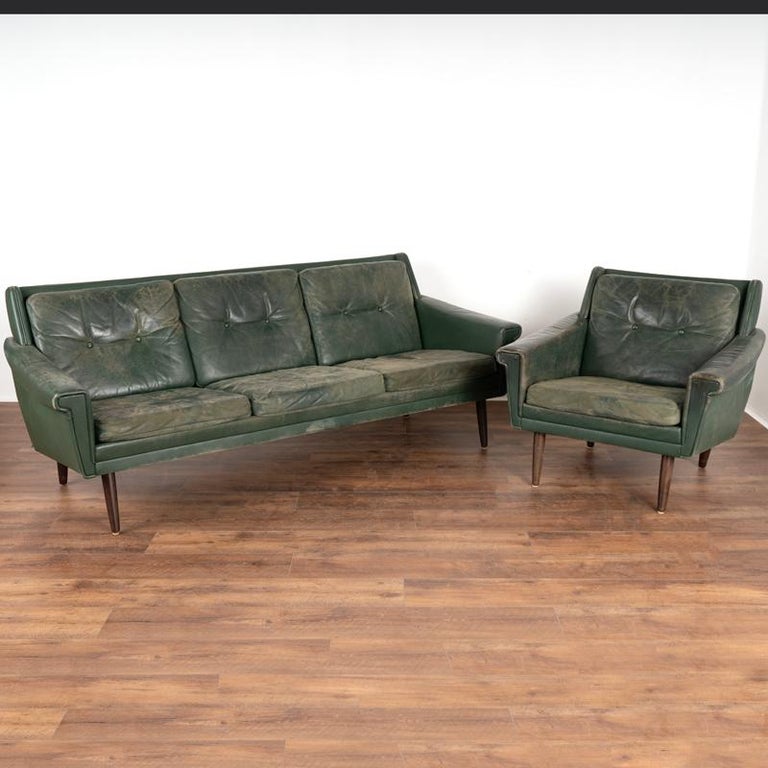 MidCentury Modern Green Vintage Leather Three Seat Sofa and Arm Chair from Denm at 1stDibs