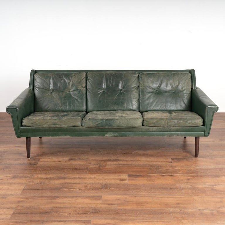 MidCentury Modern Green Vintage Leather Three Seat Sofa and Arm Chair from Denm at 1stDibs