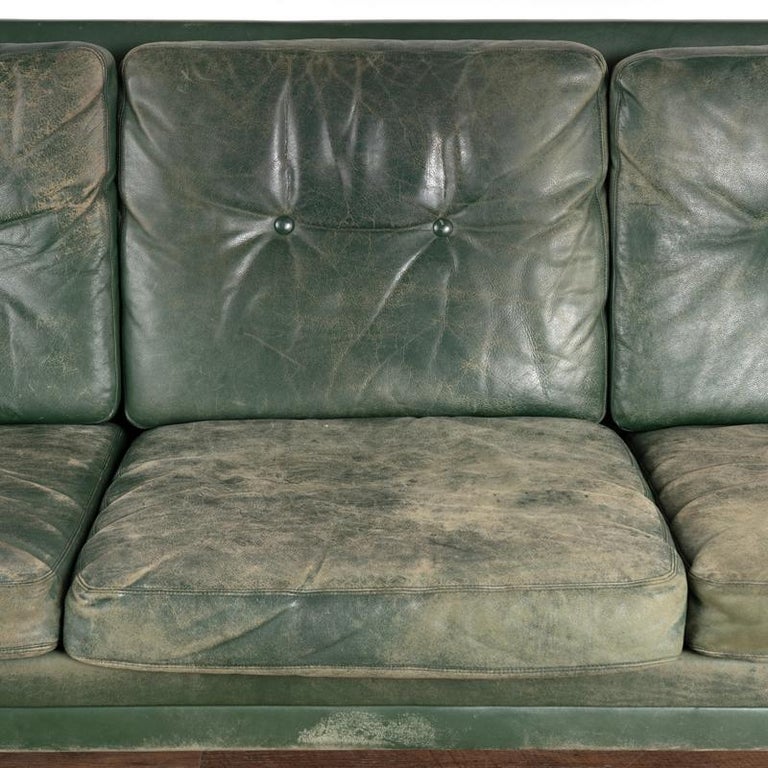 MidCentury Modern Green Vintage Leather Three Seat Sofa and Arm Chair from Denm at 1stDibs
