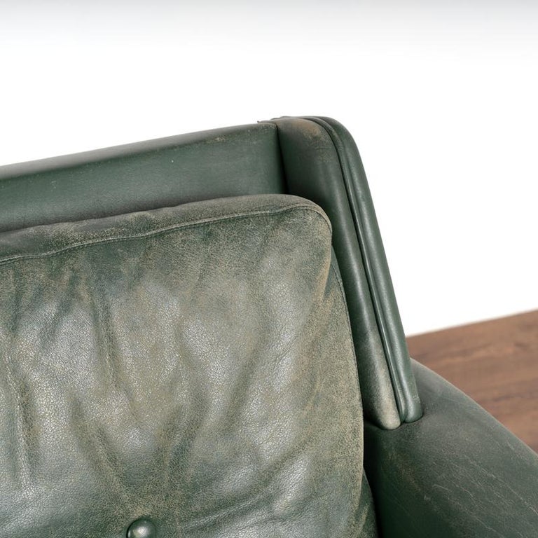 MidCentury Modern Green Vintage Leather Three Seat Sofa and Arm Chair