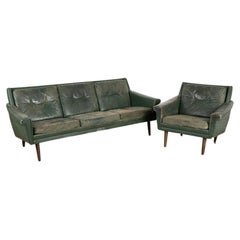 Mid-Century Modern Green Vintage Leather Three Seat Sofa and Arm Chair from Denm