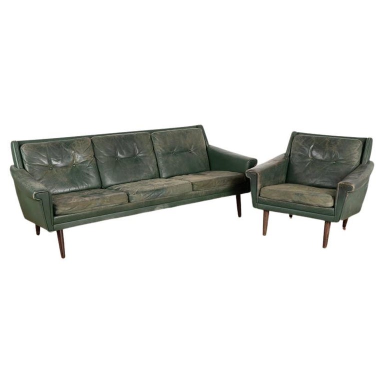 MidCentury Modern Green Vintage Leather Three Seat Sofa and Arm Chair from Denm at 1stDibs