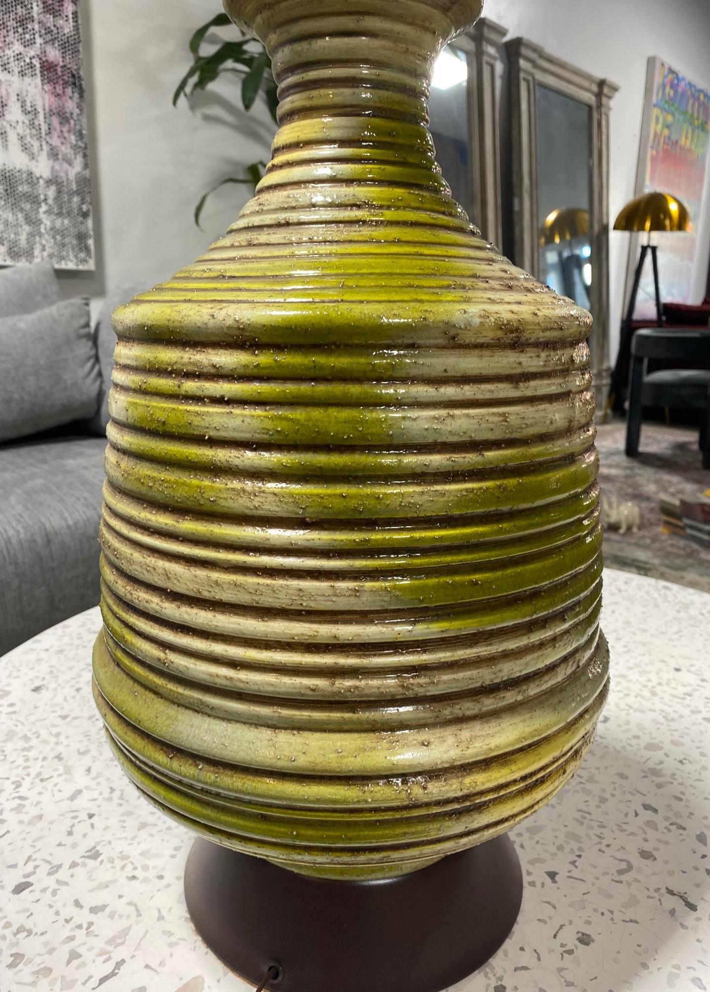 Mid-Century Modern Green Yellow Lava Glazed Studio Ceramic Pottery Table Lamps For Sale 6