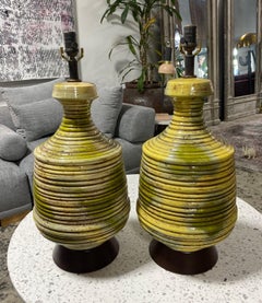 Mid-Century Modern Green Yellow Lava Glazed Studio Ceramic Pottery Table Lamps