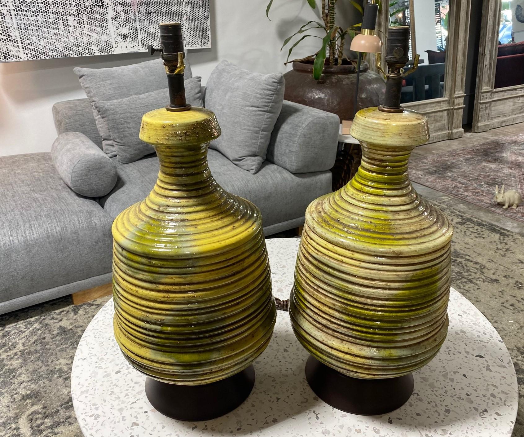 Mid-Century Modern Green Yellow Lava Glazed Studio Ceramic Pottery Table Lamps For Sale 14