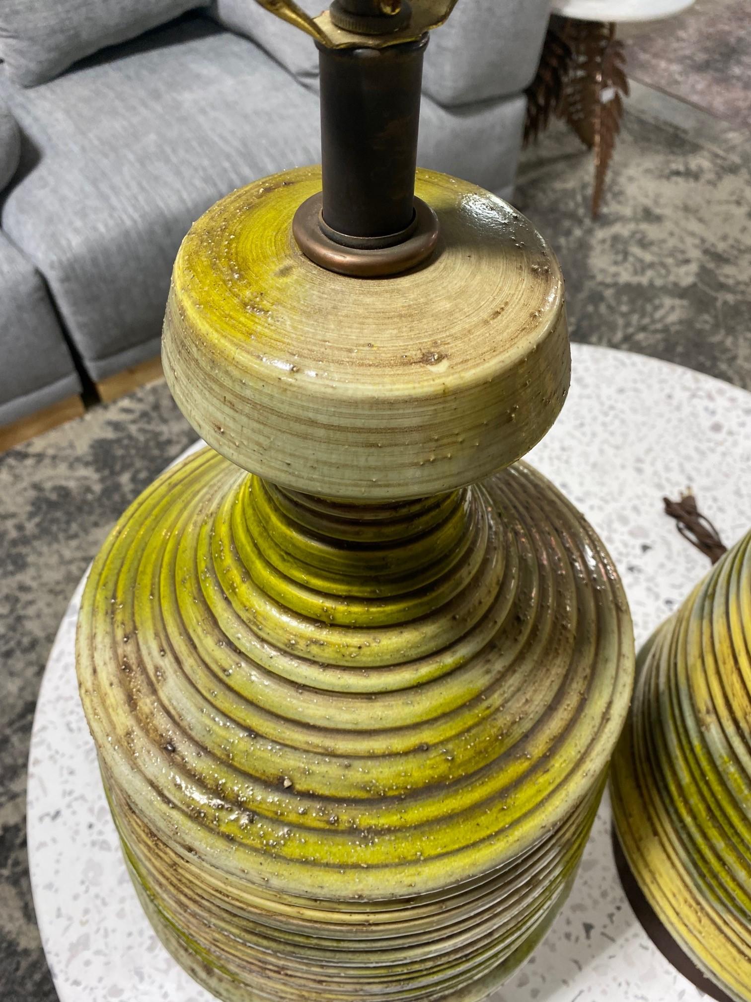 Late 20th Century Mid-Century Modern Green Yellow Lava Glazed Studio Ceramic Pottery Table Lamps For Sale