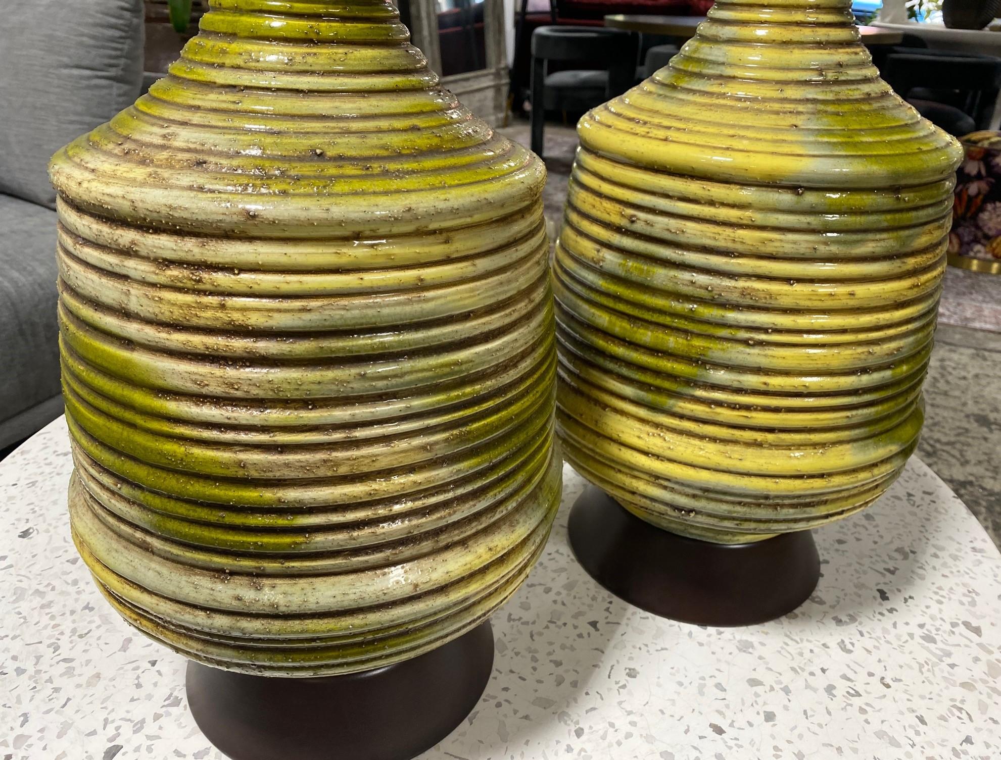 Metal Mid-Century Modern Green Yellow Lava Glazed Studio Ceramic Pottery Table Lamps For Sale